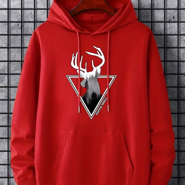 Men's Autumn And Winter Casual And Fashionable Loose Hooded Sweatshirt, Deer Print Warm Long Sleeved Pullover Sweater_viptrois.com