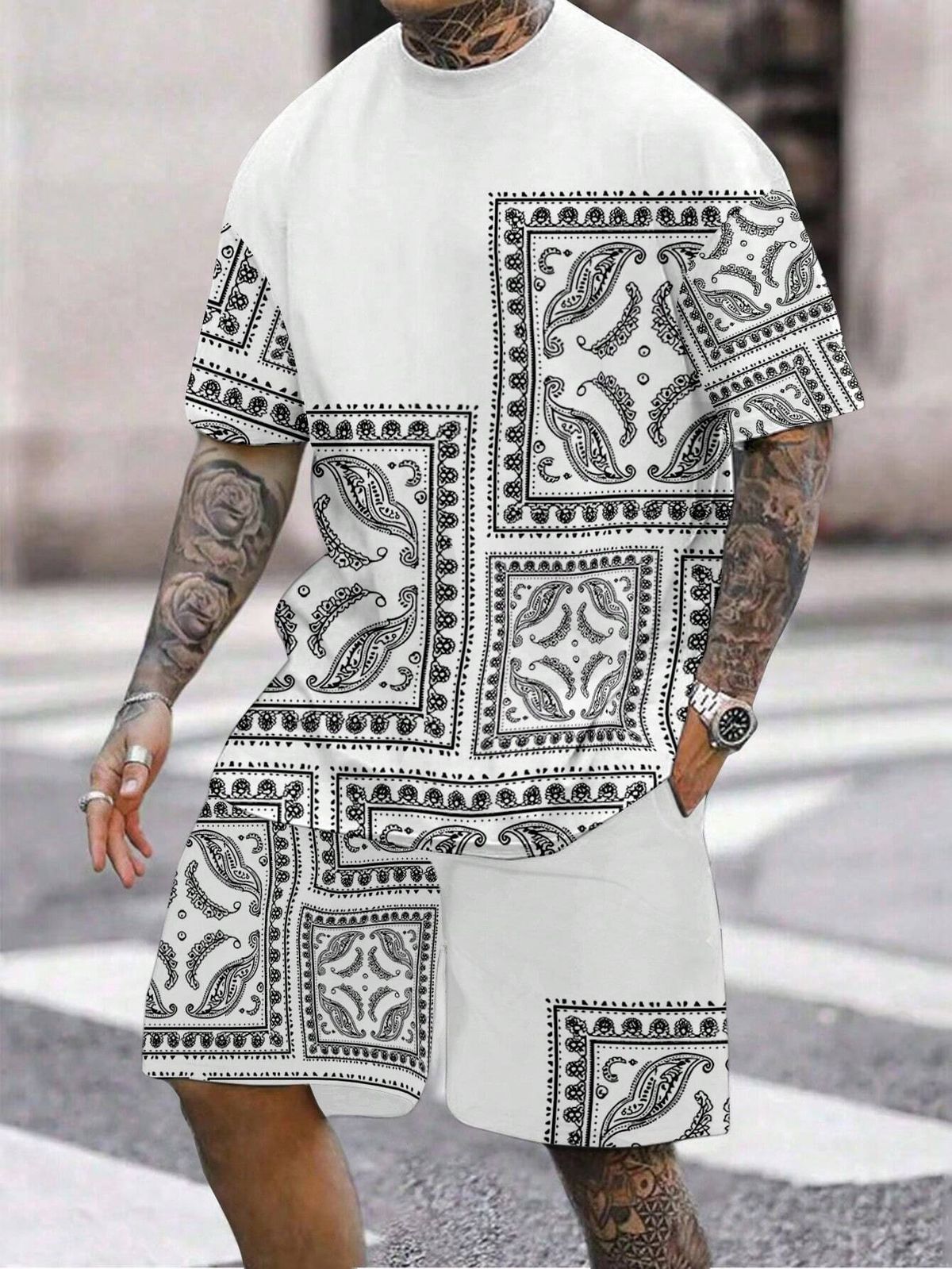Men's Clothing Short Sleeved T Shirt Shorts Summer Men's Casual Design Textured Square Two Piece Set_viptrois.com