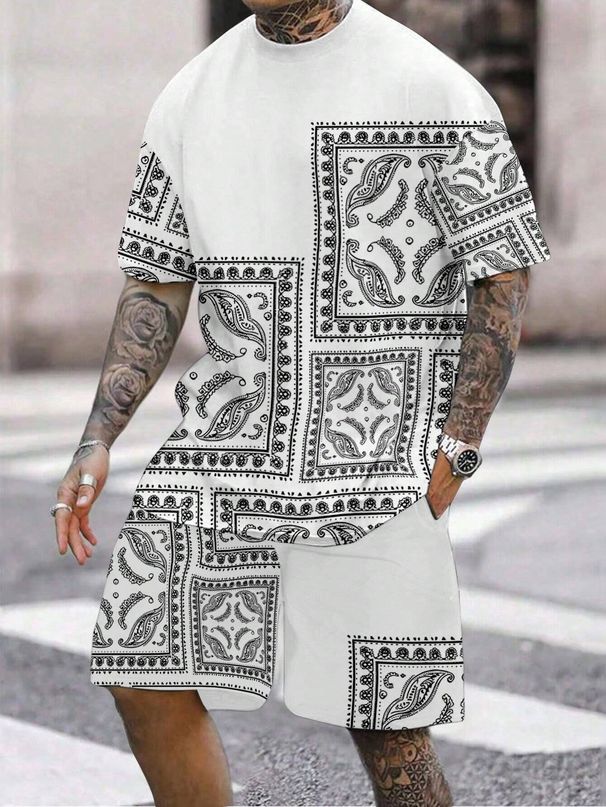 Men's Clothing Short Sleeved T Shirt Shorts Summer Men's Casual Design Textured Square Two Piece Set_viptrois.com