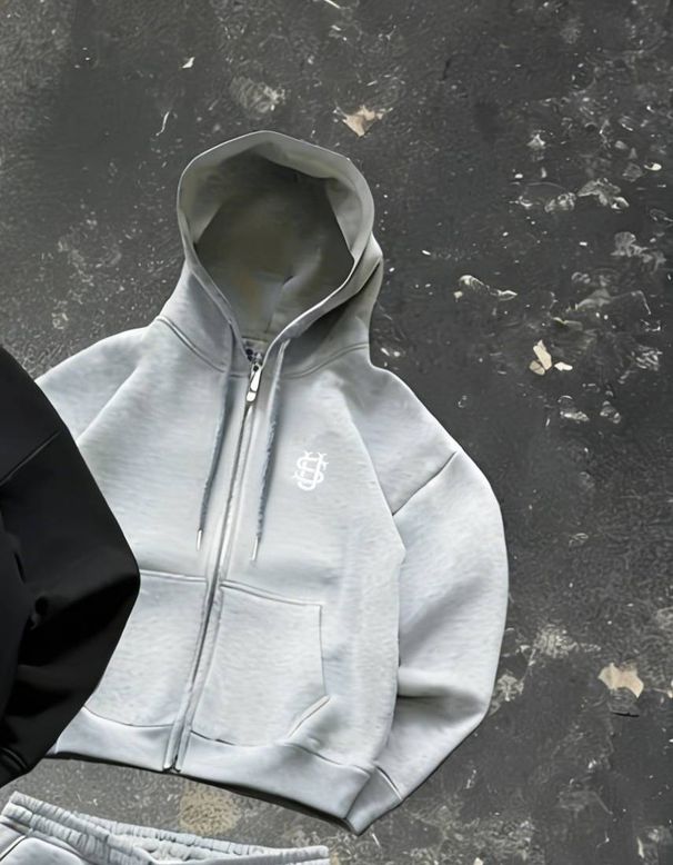 Men's Clothing Hooded Embroidered Zip-up Pocket Trendy Sweatshirt Set, Available In Black And Gray, With Straight-leg Sweatpants, Y2K Style._viptrois.com