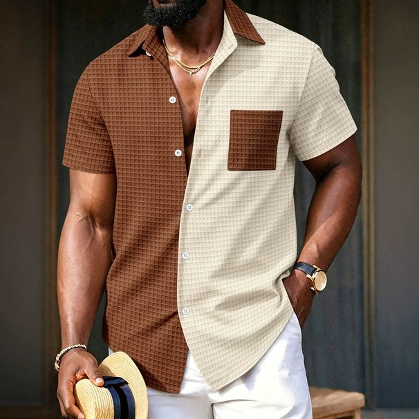 Men's Retro Large Check Casual Shirt Two Tone Short Sleeved With Pockets New_viptrois.com