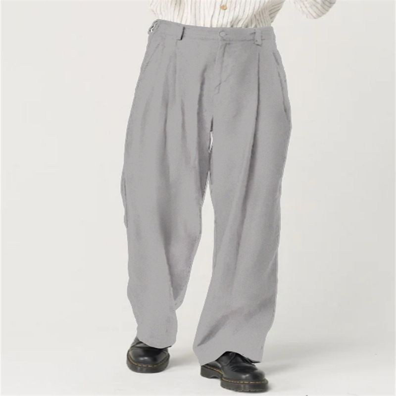 Men's Clothing Men's Wide Leg Linen Breathable Solid Color Pleated Pocket High Waist Casual Trousers_viptrois.com
