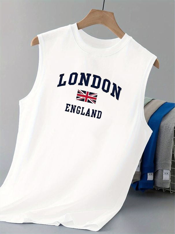 100% Pure Cotton Men's Summer Casual Sports Fitness Loose LONDON Pattern Printed Breathable Round Neck Sleeveless Vest_viptrois.com