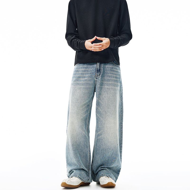 Washed Denim Jeans – Unisex Relaxed Straight-Leg Pants, 85.9% Cotton, Distressed & Whisker Details, Mid-Rise Fit ( Light Blue/Retro Blue/Black Grey)_viptrois.com