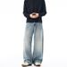 Washed Denim Jeans – Unisex Relaxed Straight-Leg Pants, 85.9% Cotton, Distressed & Whisker Details, Mid-Rise Fit ( Light Blue/Retro Blue/Black Grey)_viptrois.com