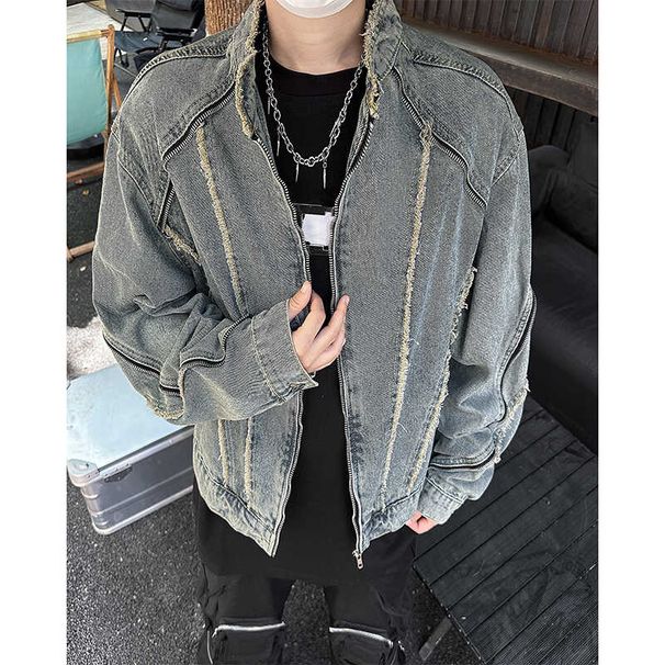 Men's Clothing Short Denim Jacket For Men, High End And Handsome Hairstylist, Trendy Brand Design, Tassel Raw Edge Fashion Jacket_viptrois.com
