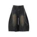 Men's Clothing Men's Distressed Washed Denim Capri Pants Deconstructed Cutaway Curved Blade Mid Length Loose Wide Leg Shorts_viptrois.com