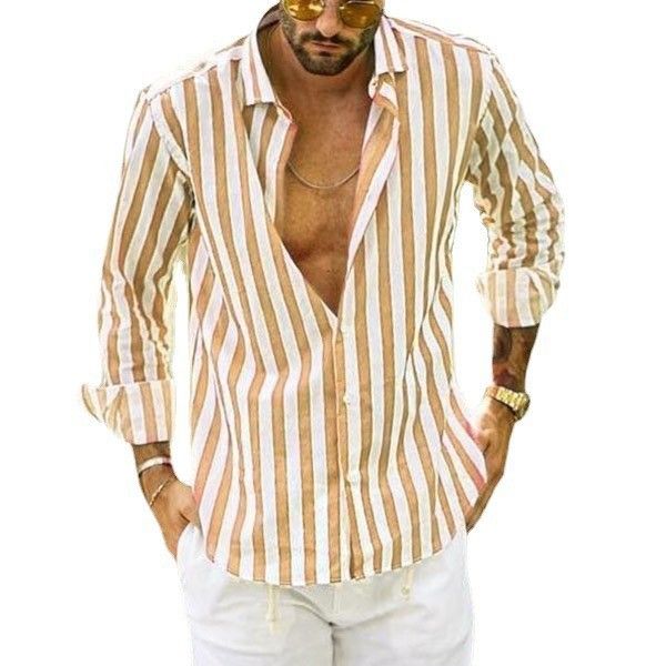 Men's Clothing Long Sleeved Lapel Striped Shirt Loose Shirt_viptrois.com