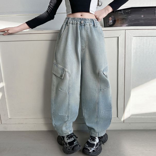 A501 Girls Gradient Denim Scimitar Wide Leg Pants Blue New Children's Miscellaneous European And American Jeans_viptrois.com