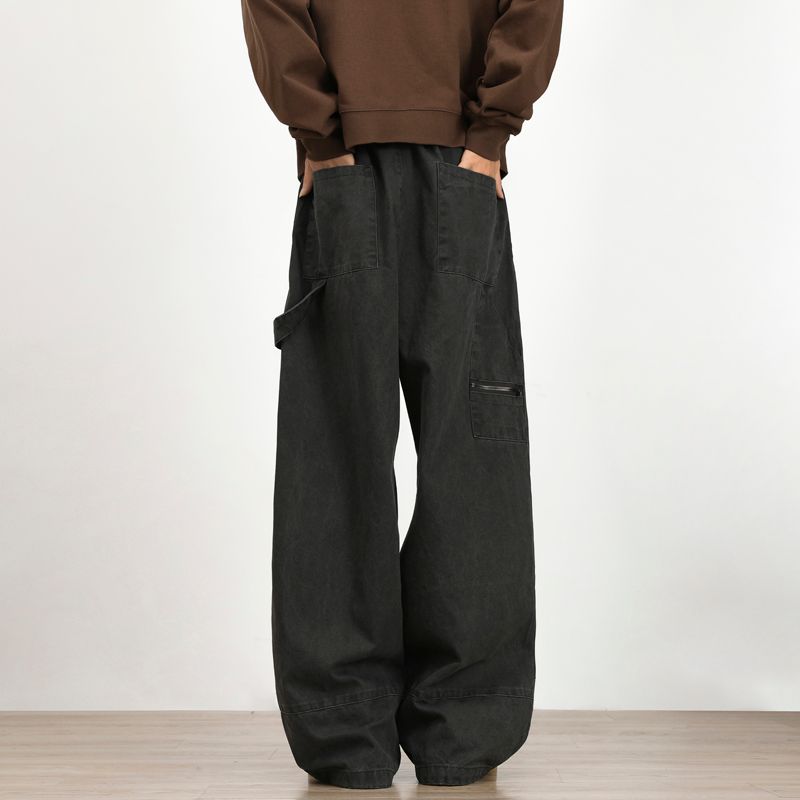 American Retro Washed Denim Overalls Men's Heavy Deconstruction High Street Cec Loose Casual Wide-leg Trousers_viptrois.com
