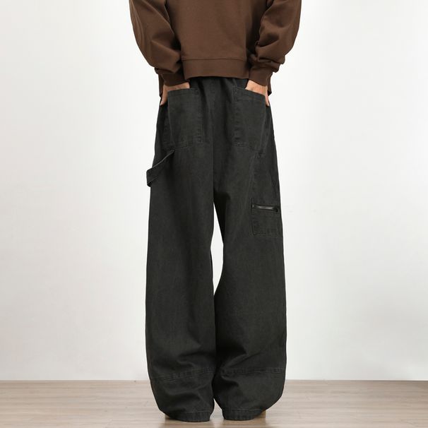 American Retro Washed Denim Overalls Men's Heavy Deconstruction High Street Cec Loose Casual Wide-leg Trousers_viptrois.com