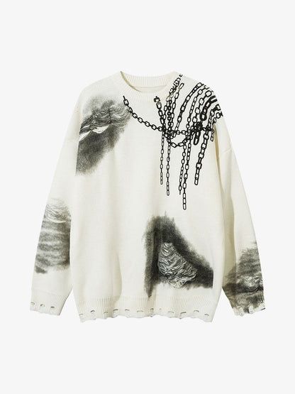 3D Chain Print Sweater – Oversized Unisex Pullover (Viscose Blend, Textured Graphic, Drop Shoulder, Streetwear Essential, Instagram Aesthetic)_viptrois.com