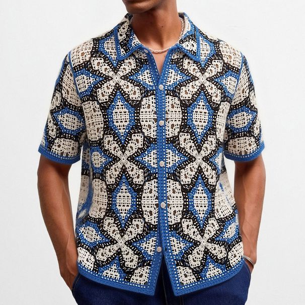 European And American Style Geometric Jacquard Openwork Knit Polo Shirt, Hand Crocheted Short Sleeved Summer Vacation Cardigan Men's Clothing SY0136_viptrois.com