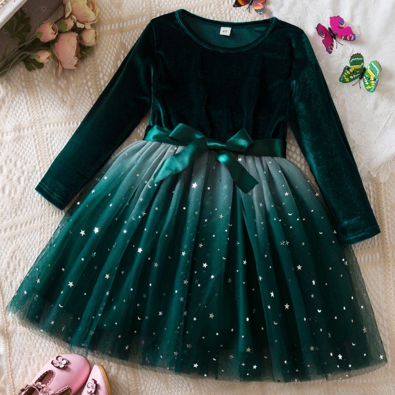 Kids’ Clothing Autumn And Winter New Girls Long Sleeve Dress Star Gradient Mesh Princess Dress Christmas Red Dress_viptrois.com