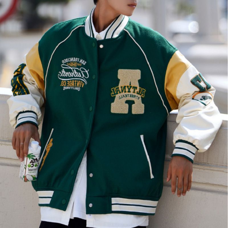 American Flocking Autumn And Winter Baseball Men's Trendy Brand Hip-hop Casual Couple Jacket Green Top Women_viptrois.com