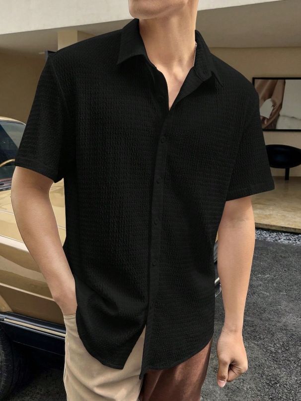Men's Clothing Men's Short Sleeved Commuter Shirt Lapel Button Casual Texture Shirt_viptrois.com