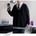 Popular teenage trend long sleeved casual simple regular autumn pullover contrasting striped V-neck vest winter_viptrois.com