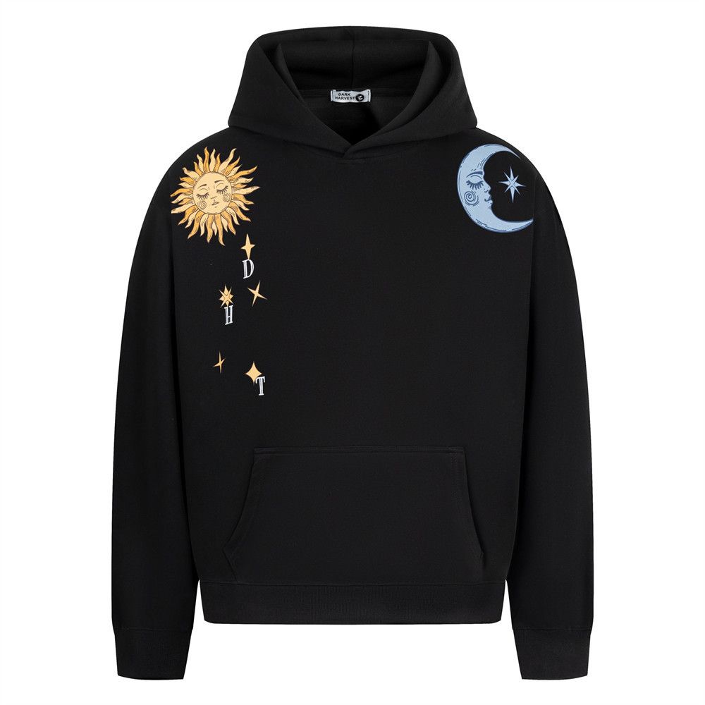 Sun Moon Print Hooded Sweatshi Men's Pullover Vibe American Style Trendy Design Sense Personality Loose Fit Spos_viptrois.com