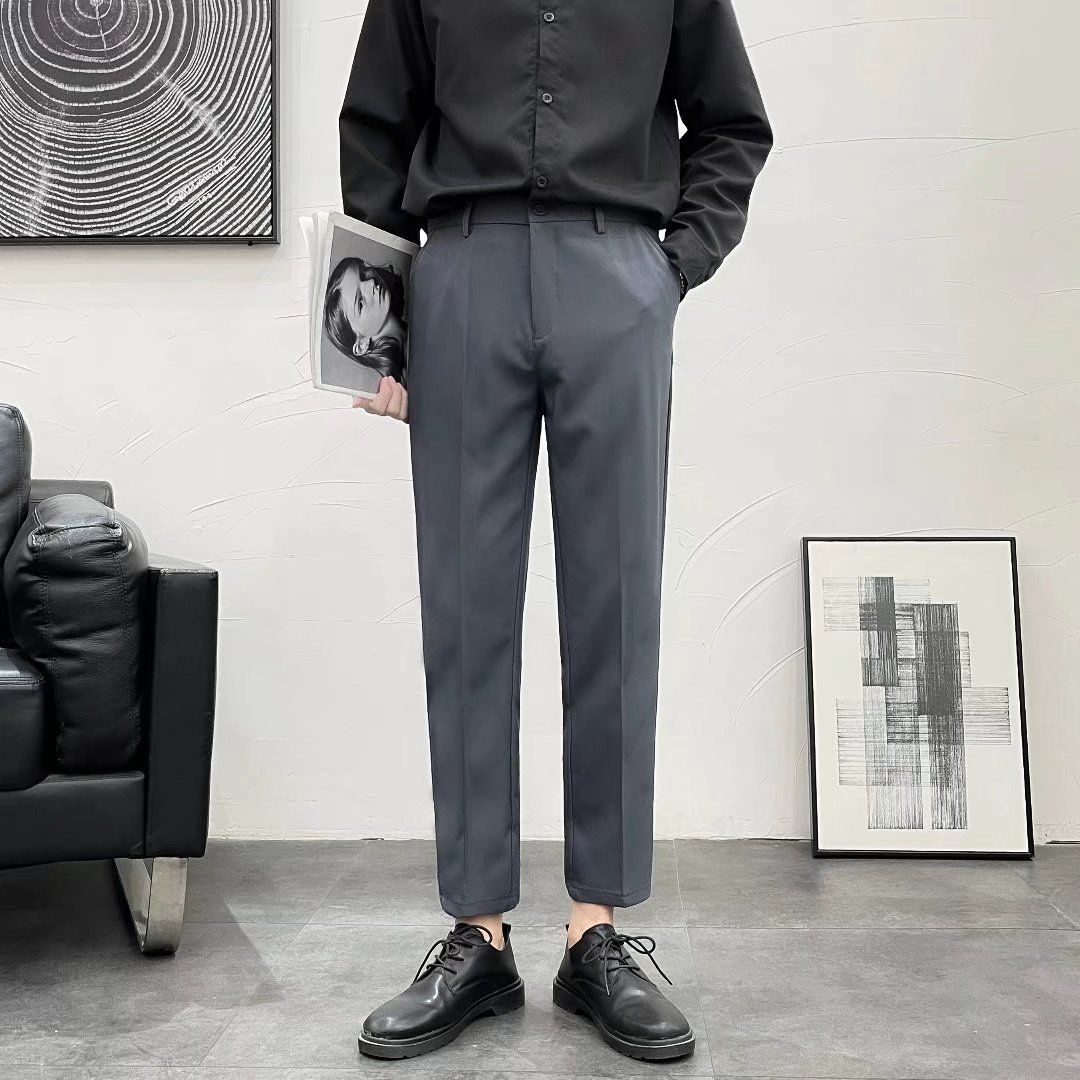 Men's Slim Fit Cropped Business Formal Trousers Tapered Leg High Quality Drape Suitable for Spring And Autumn_viptrois.com