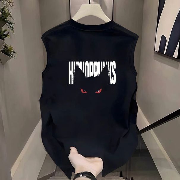 American-style Trendy Cat Print Men, Summer Loose Fit, High Street Versatile Pure Cotton Sleeveless T-shirt, Sports Tank_viptrois.com