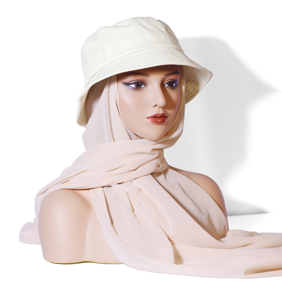 Elegant Monochrome Chiffon Scarf & Hat Set – Summer Sunshade Headwear (Solid Color Fisherman Hat & Hijab Combination, Lightweight & Stylish_viptrois.com