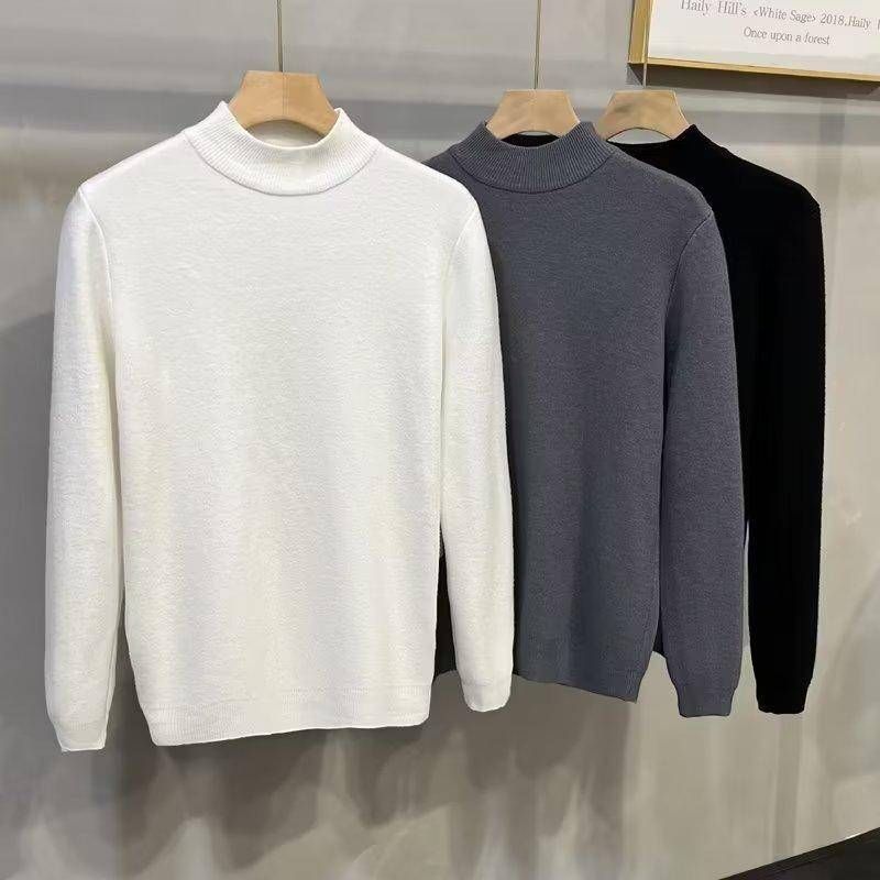 Men's Clothing Plush And Thickened All In One Fleece Half High Collar Sweater Men's Winter Soft And Warm White Men's Mid Neck Knitted Bottoming Shirt_viptrois.com
