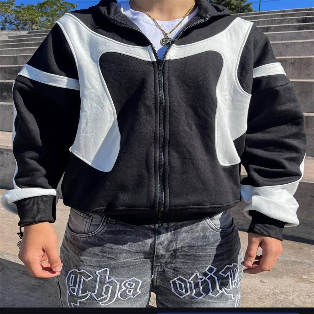 2025 Fashion Hip-Hop Hoodies Outerwear Youth Men's Splicing Long Sleeve Casual Loose Zipper Hooded Sweatshirts Jacket_viptrois.com