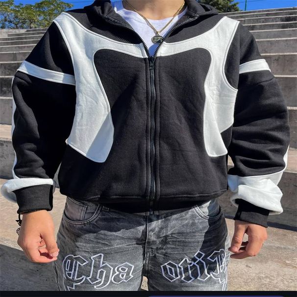 2025 Fashion Hip-Hop Hoodies Outerwear Youth Men's Splicing Long Sleeve Casual Loose Zipper Hooded Sweatshirts Jacket_viptrois.com