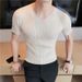 Slim Fit V-Neck Knit Tee – Breathable Summer Cable Stitch Shirt For Men (Beige, White, Black, Coffee)_viptrois.com
