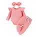 Baby clothing solid color casual pit strip long sleeve small flying sleeve one-piece harshirt trousers three-piece bow headscarf_viptrois.com