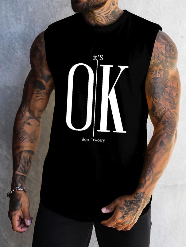 100% Pure Cotton Men's Summer Casual Sports Fitness Loose Ok Print Breathable Round Neck Sleeveless Vest_viptrois.com