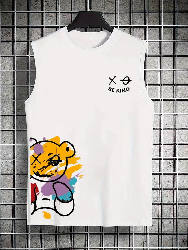 100% Pure Cotton Men's Summer Casual Sports Fitness Loose Bear Pattern Printed Breathable Round Neck Sleeveless Vest_viptrois.com