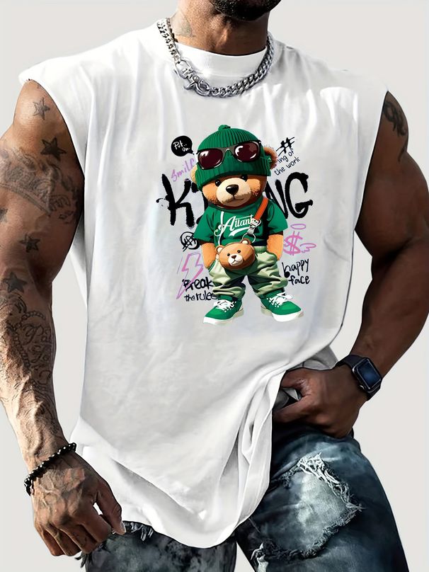 100% Pure Cotton Men's Summer Casual Sports Fitness Loose Bear Pattern Printed Breathable Round Neck Sleeveless Vest_viptrois.com