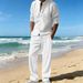 Men's Summer Short Sleeve Button-Up Shirt & Shorts Set - Lightweight Polyester Casual Outfit For Beach & Travel (White/Black/Grey)_viptrois.com