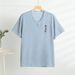 Men's V-neck Button Short Sleeved Base Shirt, Cotton Silk Embroidered Oversized Loose T-shirt, Summer Casual Slit Men's_viptrois.com