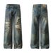 Men's Clothing High Street Ripped Jeans Men's Trendy Brand Handsome Street Retro Old Wide Leg Beggar Pants_viptrois.com