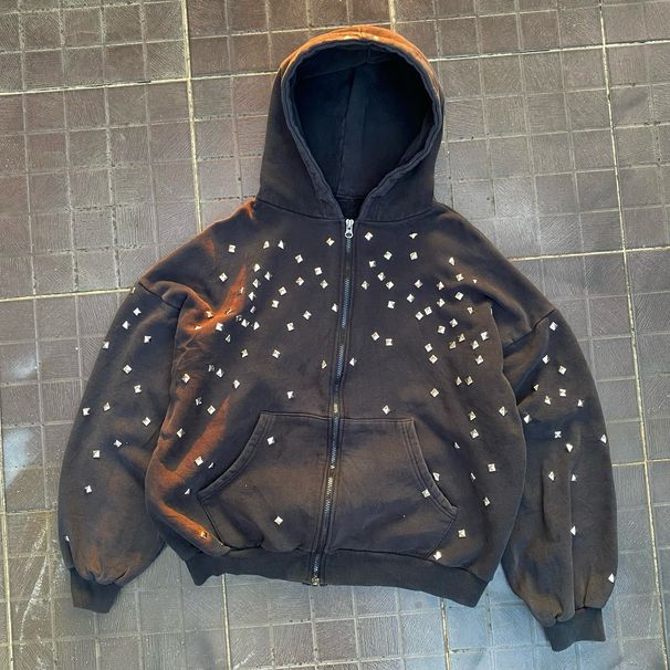 Men's Clothing Hot Diamond Design Printed Loose Unisex Retro Hoodie With Rhinestone Print – Oversized Zip-Up Streetwear Jacket For Men & Women_viptrois.com