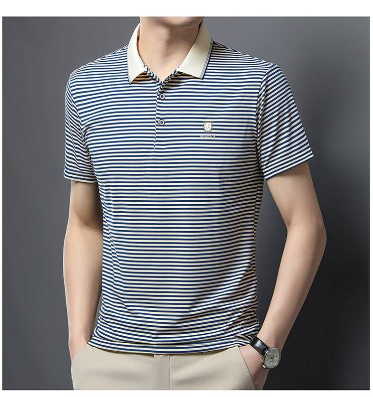 2024 Summer New Shirt Men's Polo Collar Thin Middle And Elderly T-shirt Short Sleeved Striped Top_viptrois.com