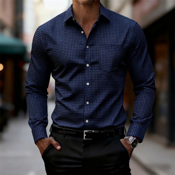 Men's Slim Fit Long-sleeve Shirt, Fine Check Pattern, Blue And White, Casual Business Style, Available In 11 Colors_viptrois.com