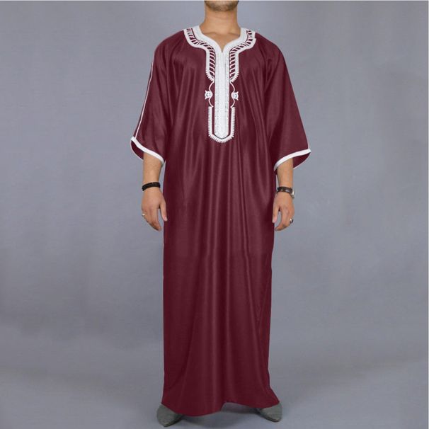 Men's Clothing Men's Long Shirt Casual Youth Plain Black Muslim Embroidered Robe 113824_viptrois.com