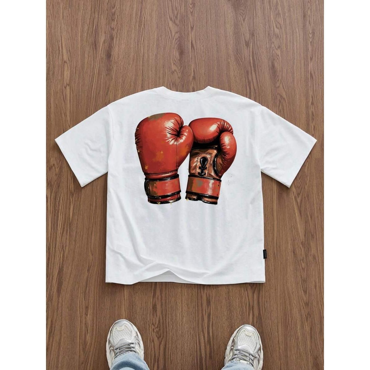 Camiseta Blanca Hombre Manfinity ZONE917 Estampado Guante Boxeo, Casual, Gran Tamaño, Corte Holgado, Hombros Caídos,_viptrois.com