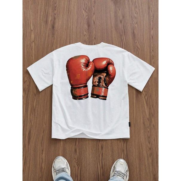 Camiseta Blanca Hombre Manfinity ZONE917 Estampado Guante Boxeo, Casual, Gran Tamaño, Corte Holgado, Hombros Caídos,_viptrois.com