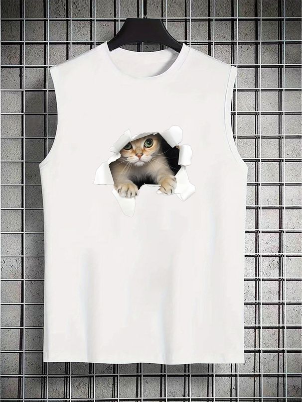 100% Pure Cotton Men's Summer Casual Sports Fitness Loose 3D Cat Pattern Printed Breathable Round Neck Sleeveless Vest_viptrois.com