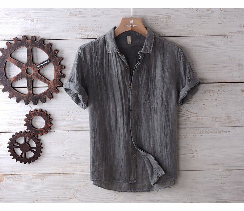 Retro Wrinkled Short-sleeved Linen Shirt Men's Summer Casual Thin Breathable Loose Half-sleeved Cotton And Linen_viptrois.com