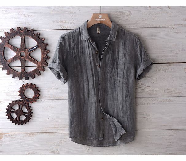 Retro Wrinkled Short-sleeved Linen Shirt Men's Summer Casual Thin Breathable Loose Half-sleeved Cotton And Linen_viptrois.com