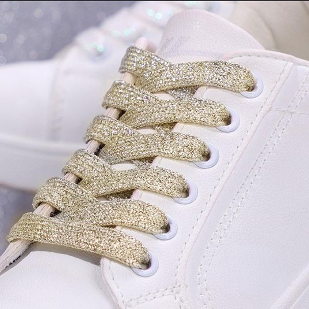 Shoe Accessories Polyester Silk Double Layer Shoelace White Shoes Gold and Silver Flat Shoelace Rope One Pair_viptrois.com