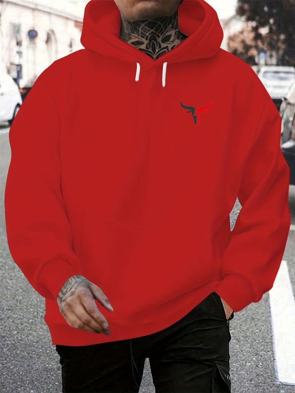 Men's Autumn And Winter Casual Fashionable Loose Hooded Sweatshirt With Geometric Bull Head Pattern Printed Warm Long Sleeved Pullover_viptrois.com