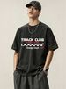 230g Washed Men Crew Neck Tee TRACK CLUB Checkered Flag Print Short Sleeve Casual Streetwear Summer Top_viptrois.com