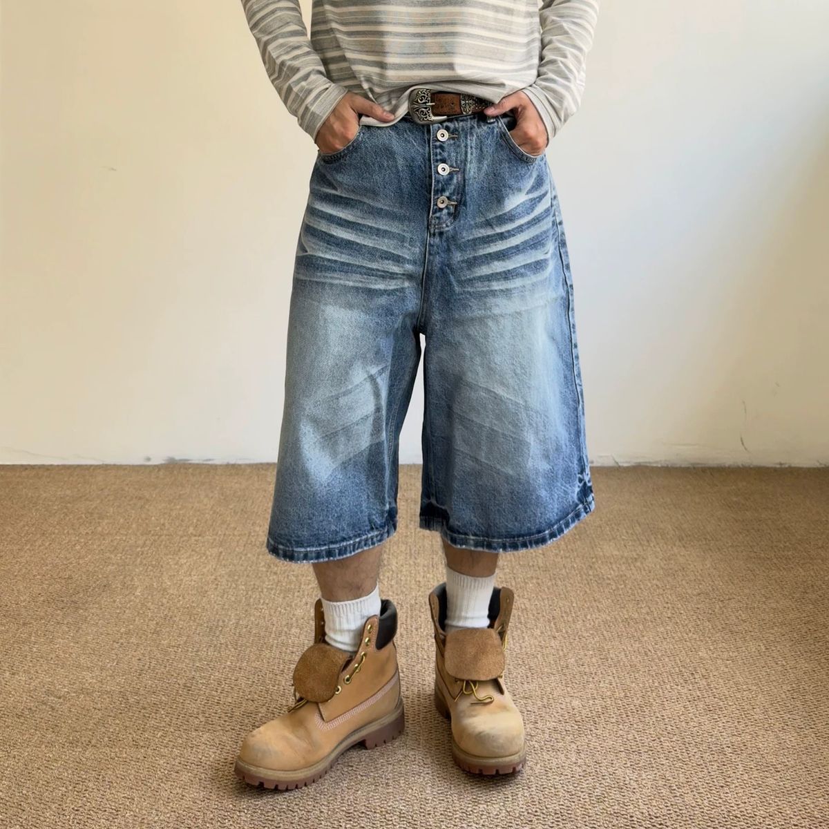 Men's Clothing Unisex Retro Whiskered Washed Blue Denim Shorts High Street Style Wide Leg Button Down Capri Pants Men's Clothing_viptrois.com