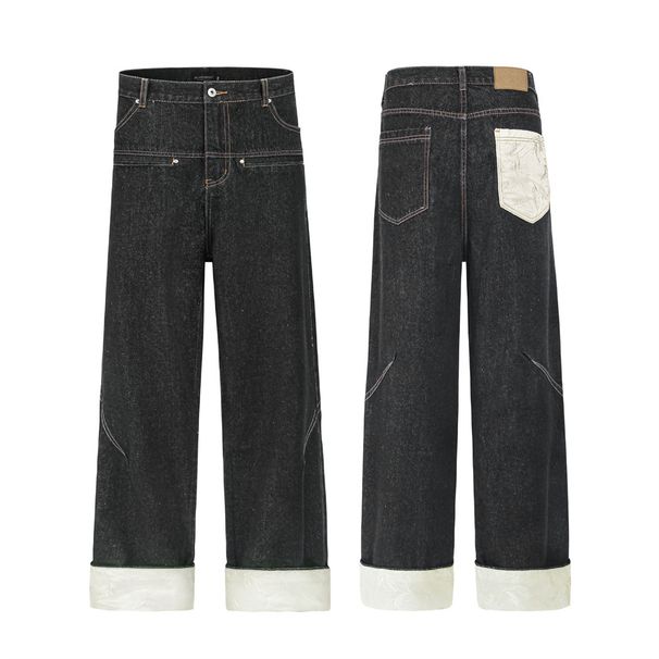 Color-Block Pocket Rolled Hem Denim Straight-Leg High Street Trendy Brand Vibe Personality Design Stitched Edge Cuffed_viptrois.com